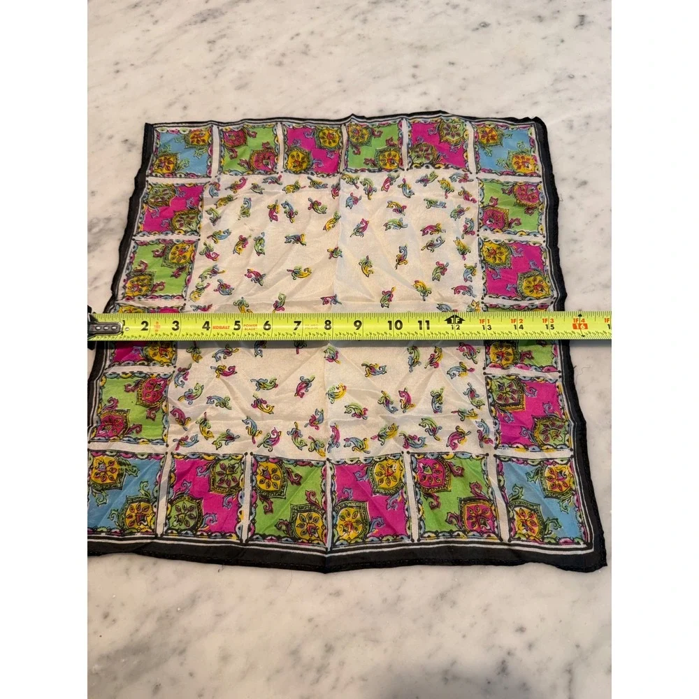 Vintage Paisley Geometric Silk Scarf Pocket Square Multicolor Retro Boho 17x16